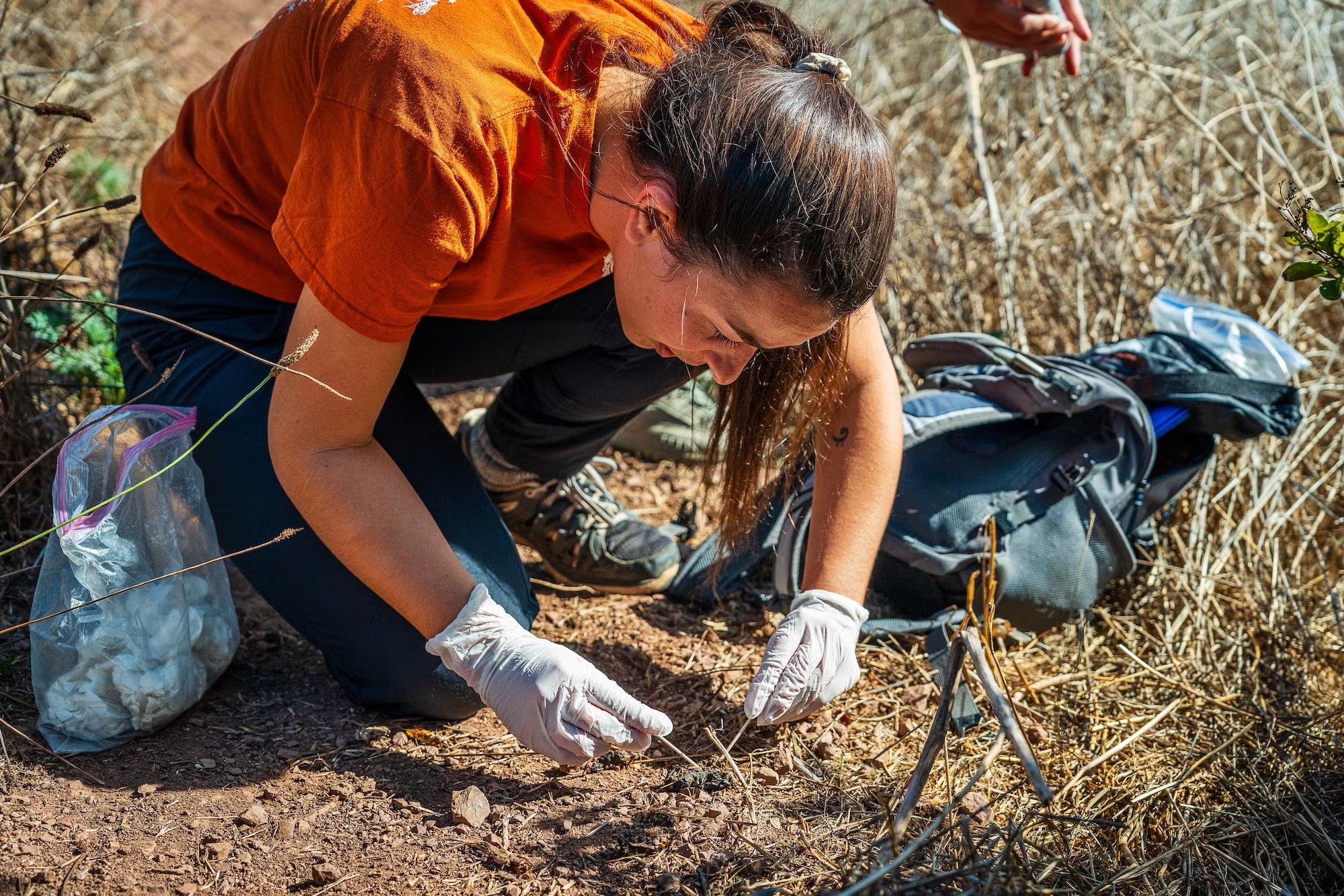 A woman wearing medical gloves working in the dirt