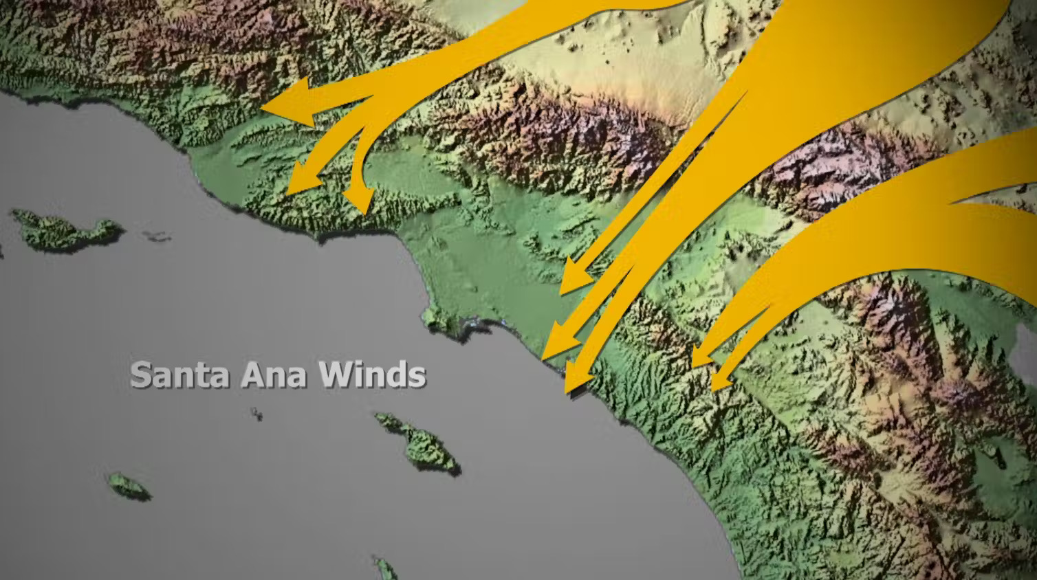 Map of Santa Ana winds, signified by broad yellow arrows, blowing from inland to the coast of Southern California