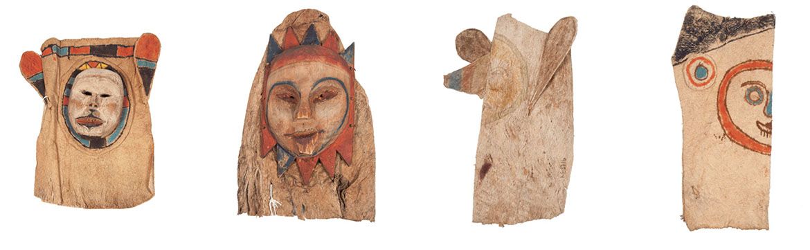 Four additional Tikuna/Magüta items, mask-like, that contain browns and blues and reds