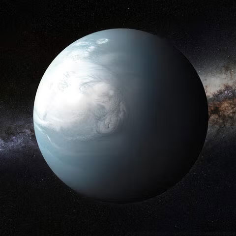 Realistic illustration of a planet with mint green swirly atmosphere in space