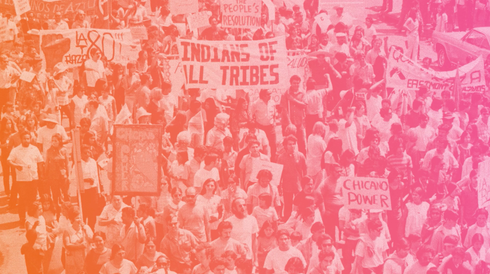 An archival image of Chicano protestors with a orange and pink gradient layered over it
