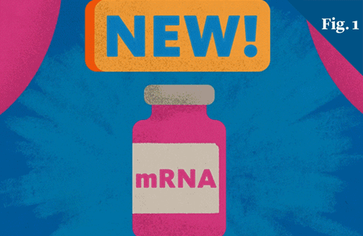 An illustration of the mRNA vaccine with a "NEW!" sign above it
