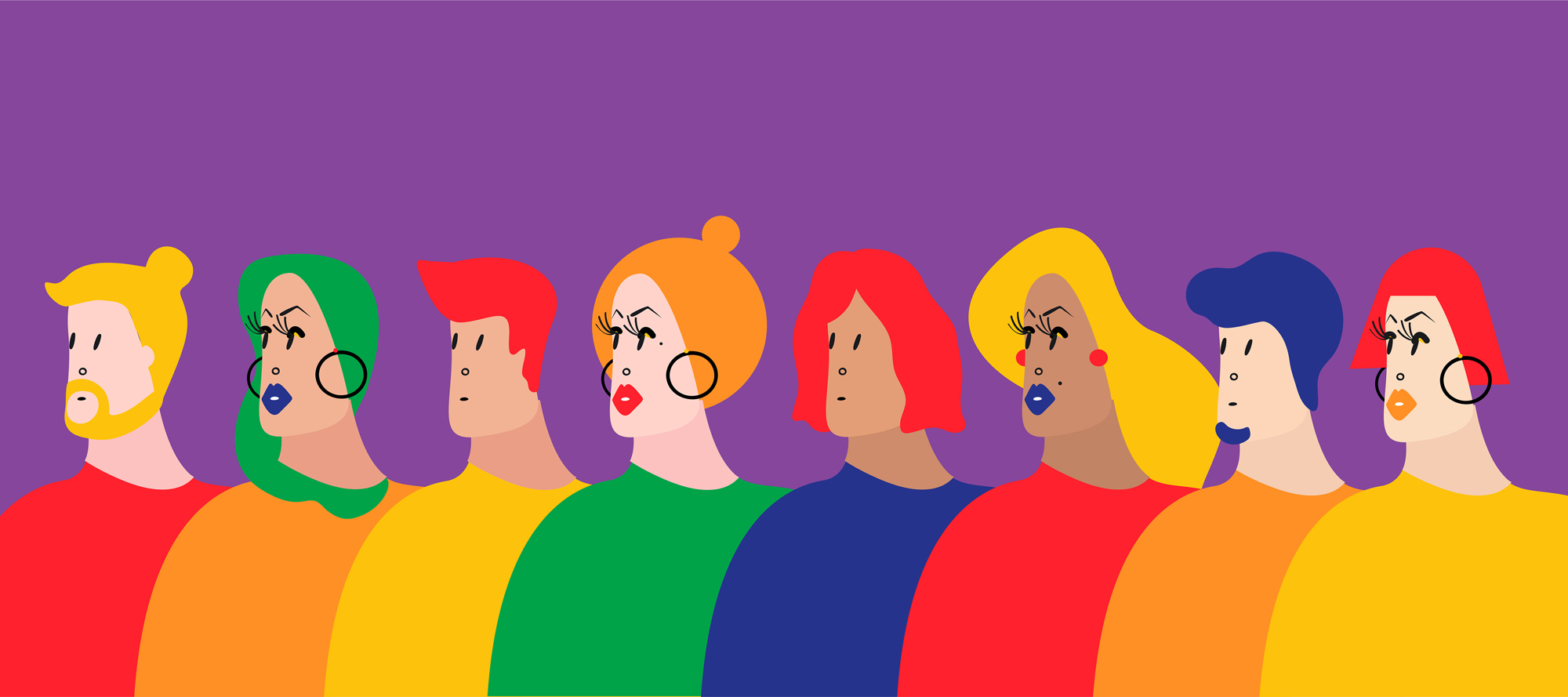 An illustration of eight people with different hair colors and identities