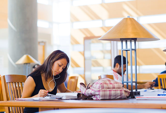 student studying in library