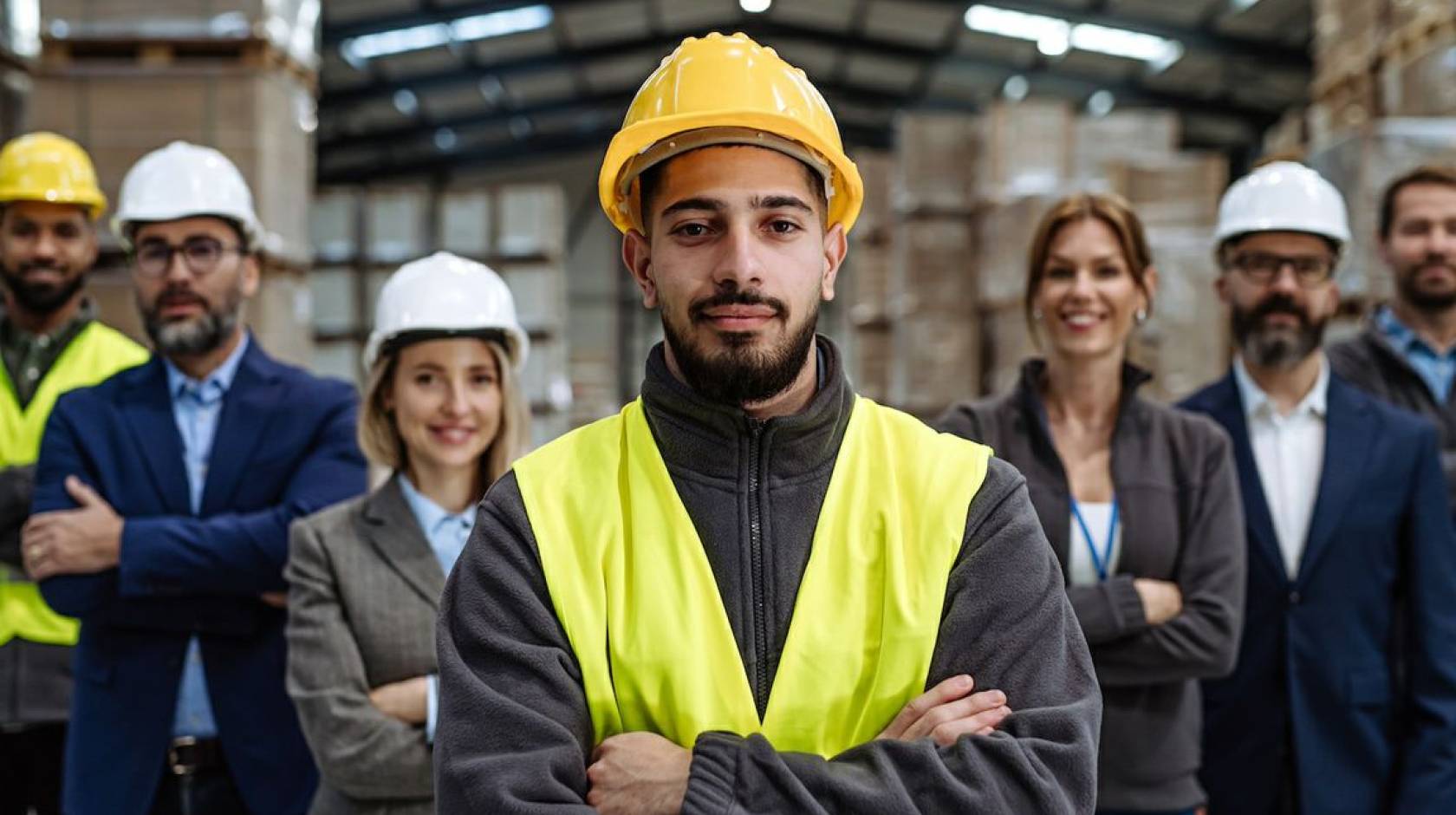 A young man with a goatee and a hard hat and yellow vest looks confidently at the camera in front of a few other people, some in suits, some in work clothes, some in hard hats