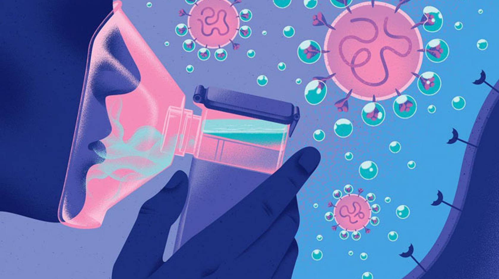 Illustration of someone using an Aeronabs inhaler, surrounded by virus molecules