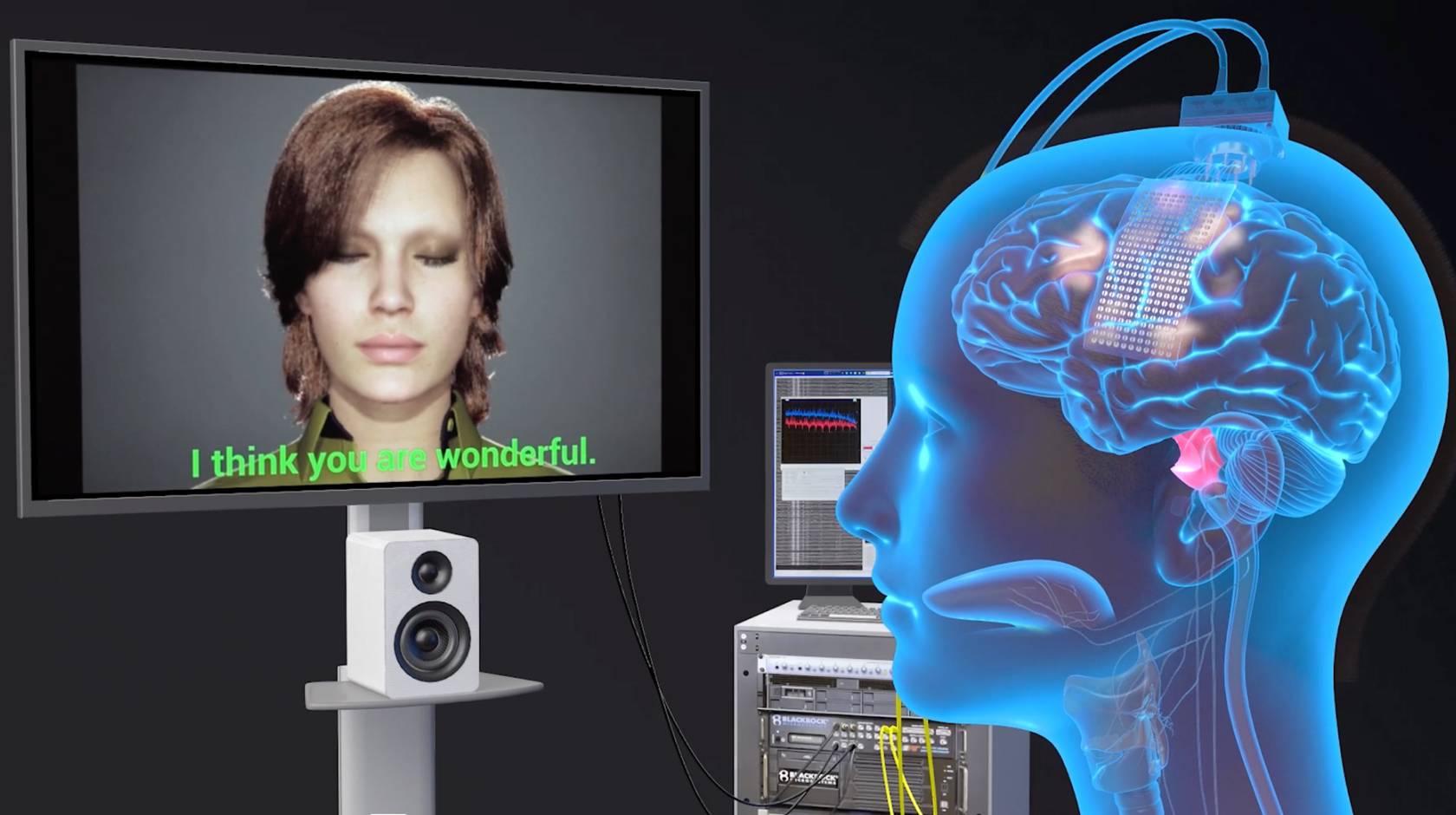 A screen with a digitized woman with a bob that says I think you are wonderful, and a blue illustration of a head with a visible brain lit up speaking to her 