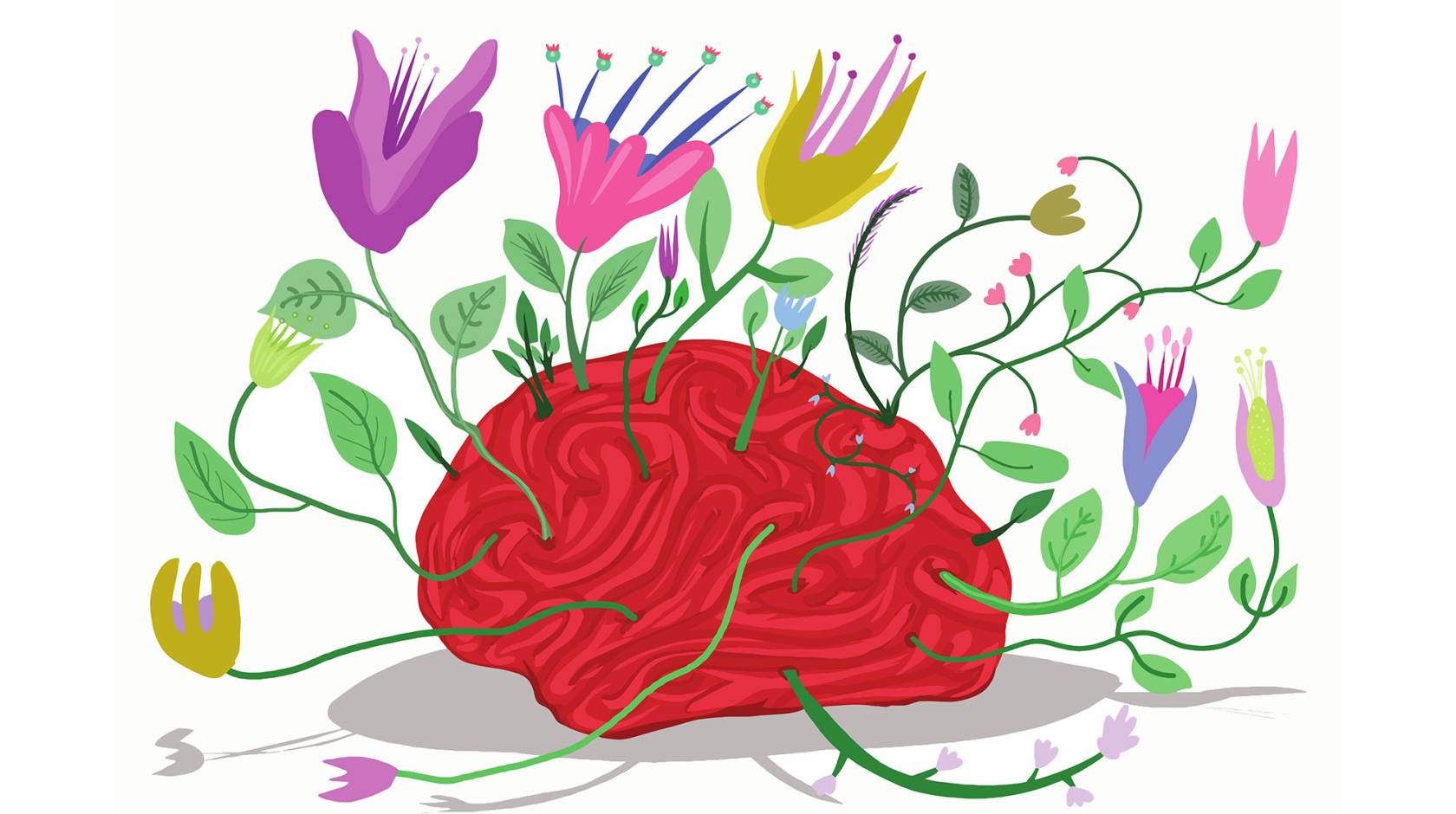 A playful illustration of a red brain with flowers and leaves growing out of it