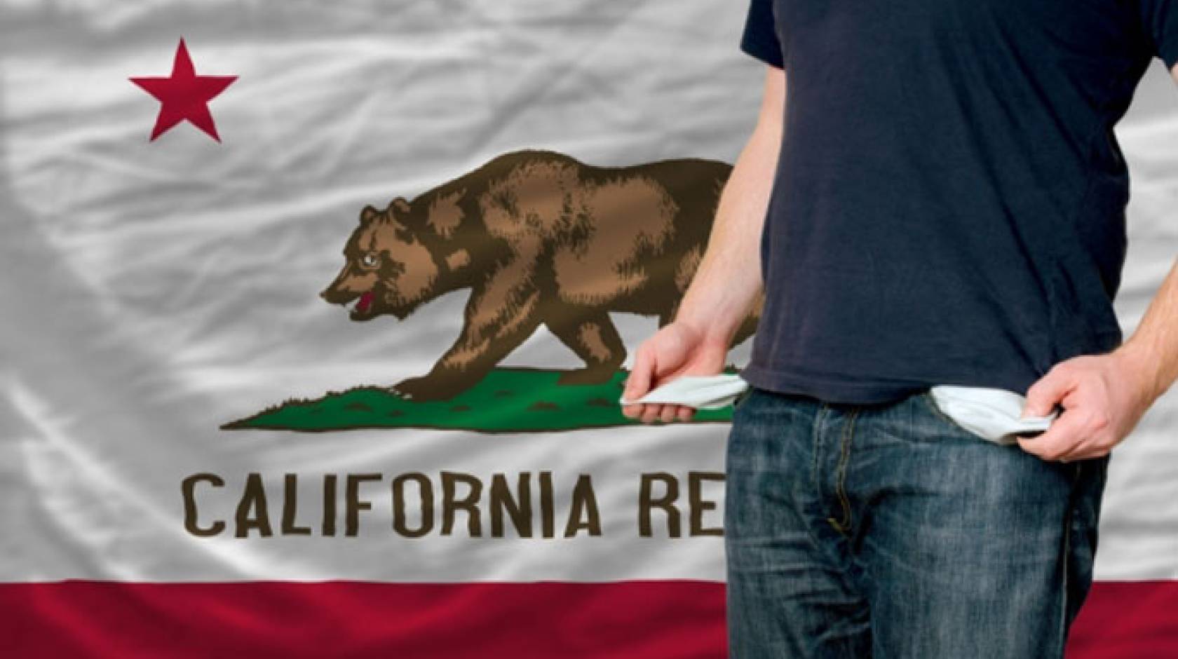 Man exposes empty pockets in front of a California flag