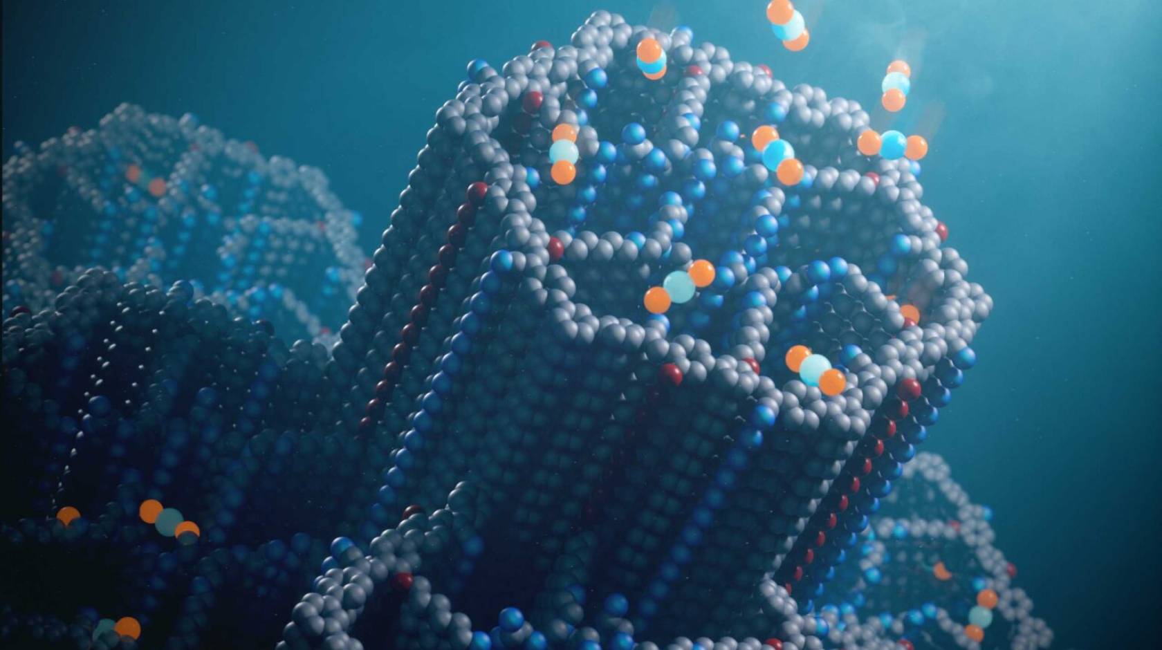 Artist rendering of a microscopic view of molecules aligned into a hexagonal prism shape