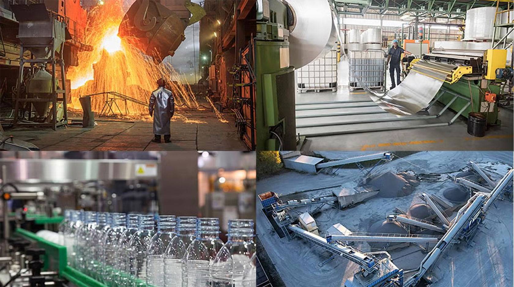 A grid of four photos showing scenes from different manufacturing processes