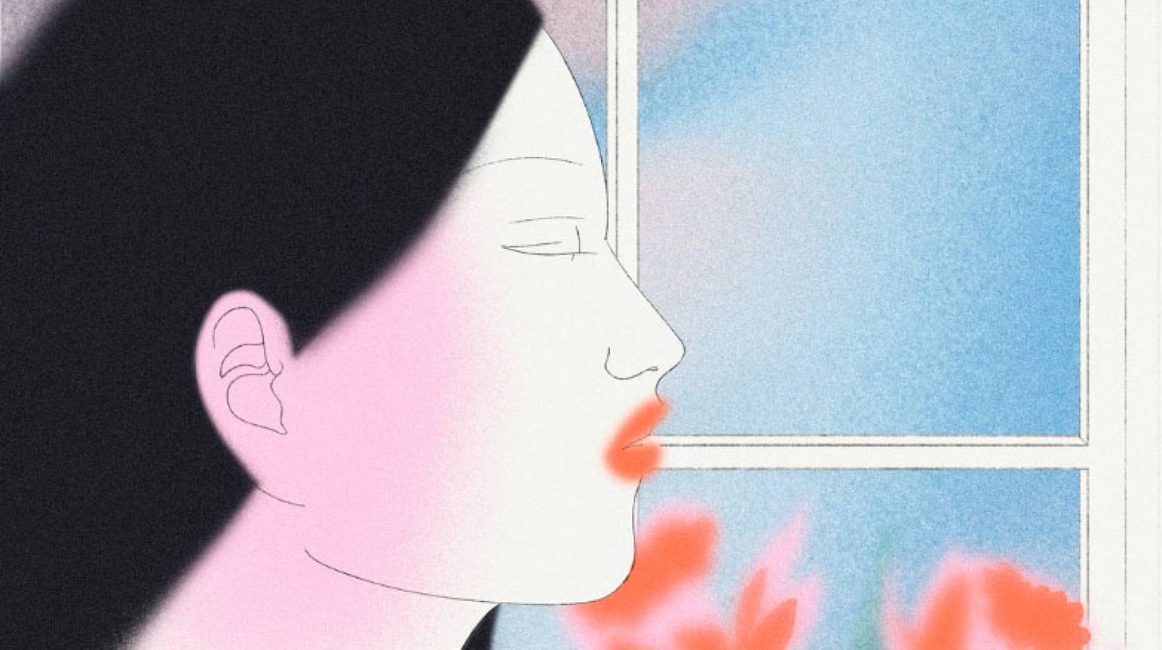 Illustration of a woman with black hair in profile in front of a window, breathing