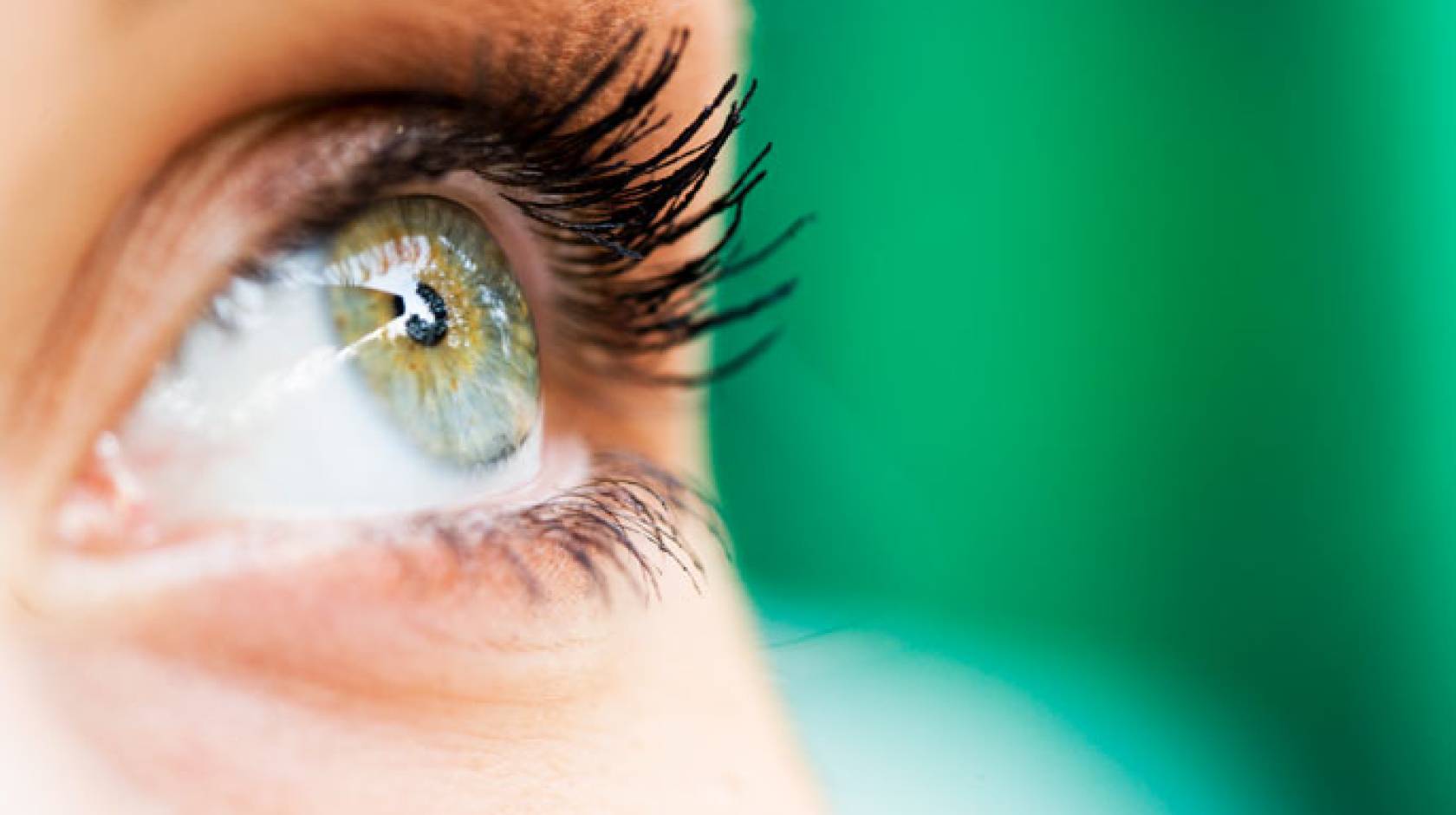 A green eye open against a green background