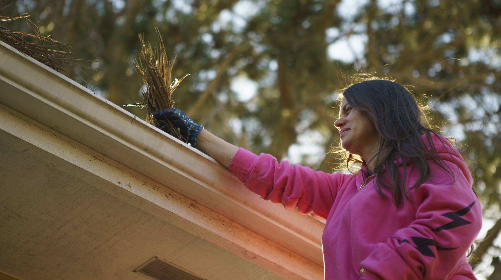 Woman cleans a handful of pine needles from her gutter