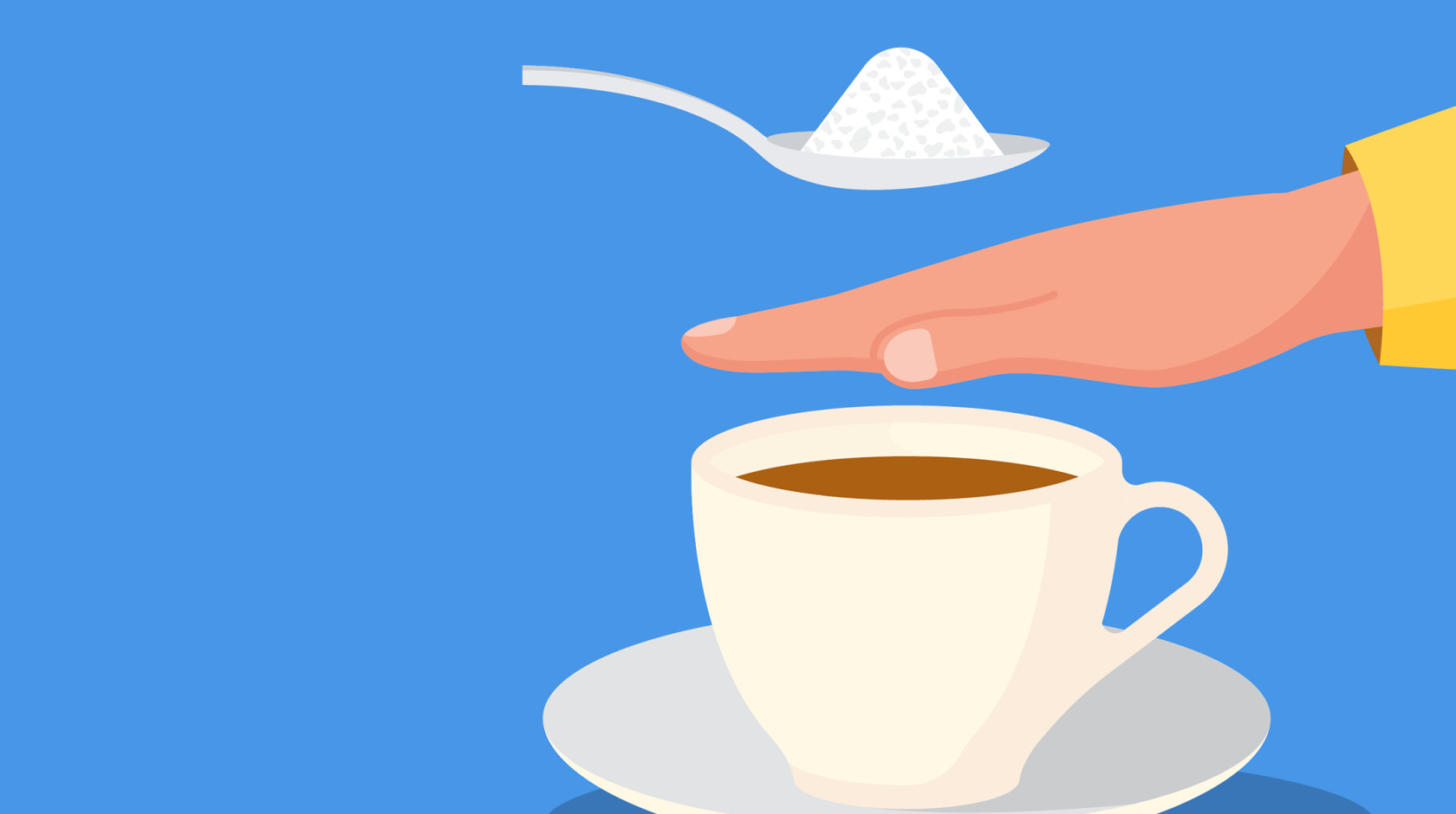 Graphic illustration of a hand blocking a spoonful of sugar from a cup of coffee.