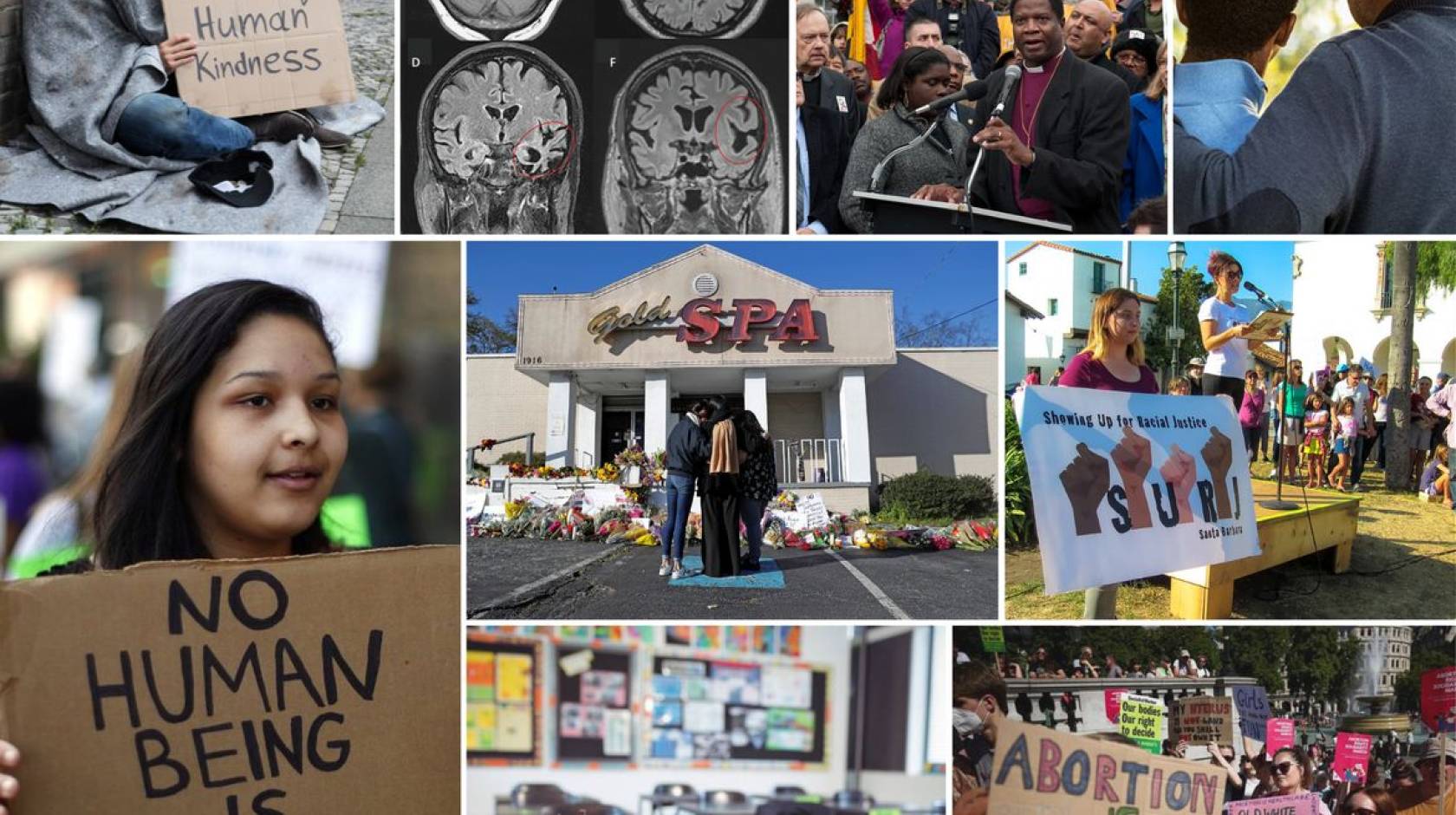 Collage of people publicly mourning or protesting