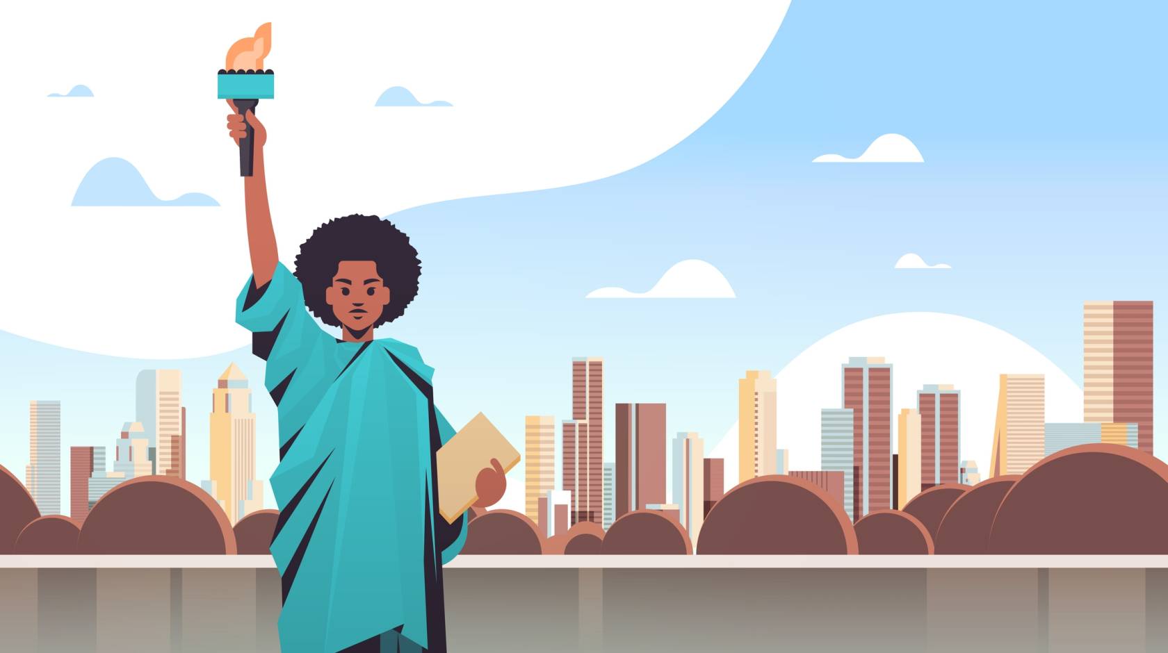 A warm illustration of the New York City skyline with the Statue of Liberty with the head and arms of a Black woman