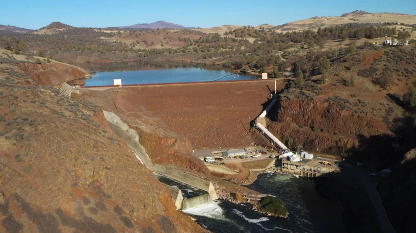 Aerial view of a dam on the Klamath River