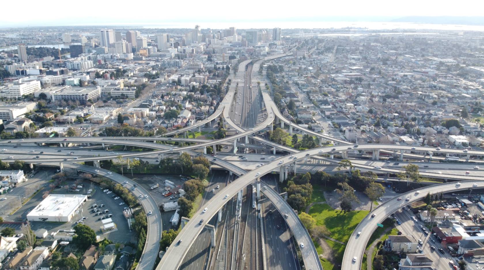 Aerial shot of freeway ramp maze in Oakland, California