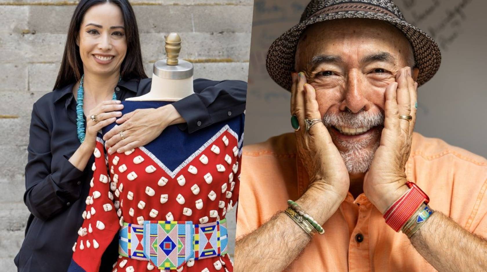 On the left, Wendy Red Star, Native American woman with long dark hair smiles with arms around a headless mannequin wearing a bright red traditional dress with white spot-like pattern and a colorful wide belt; on the right, Juan Felipe Herrera, older Latino man with goatee and hat, hands on his cheeks, smiling wide