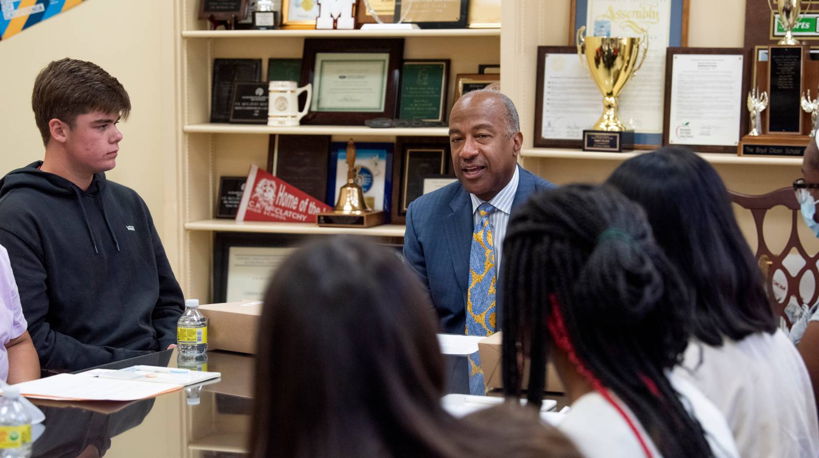 Gary May speaking to students at McClatchy High