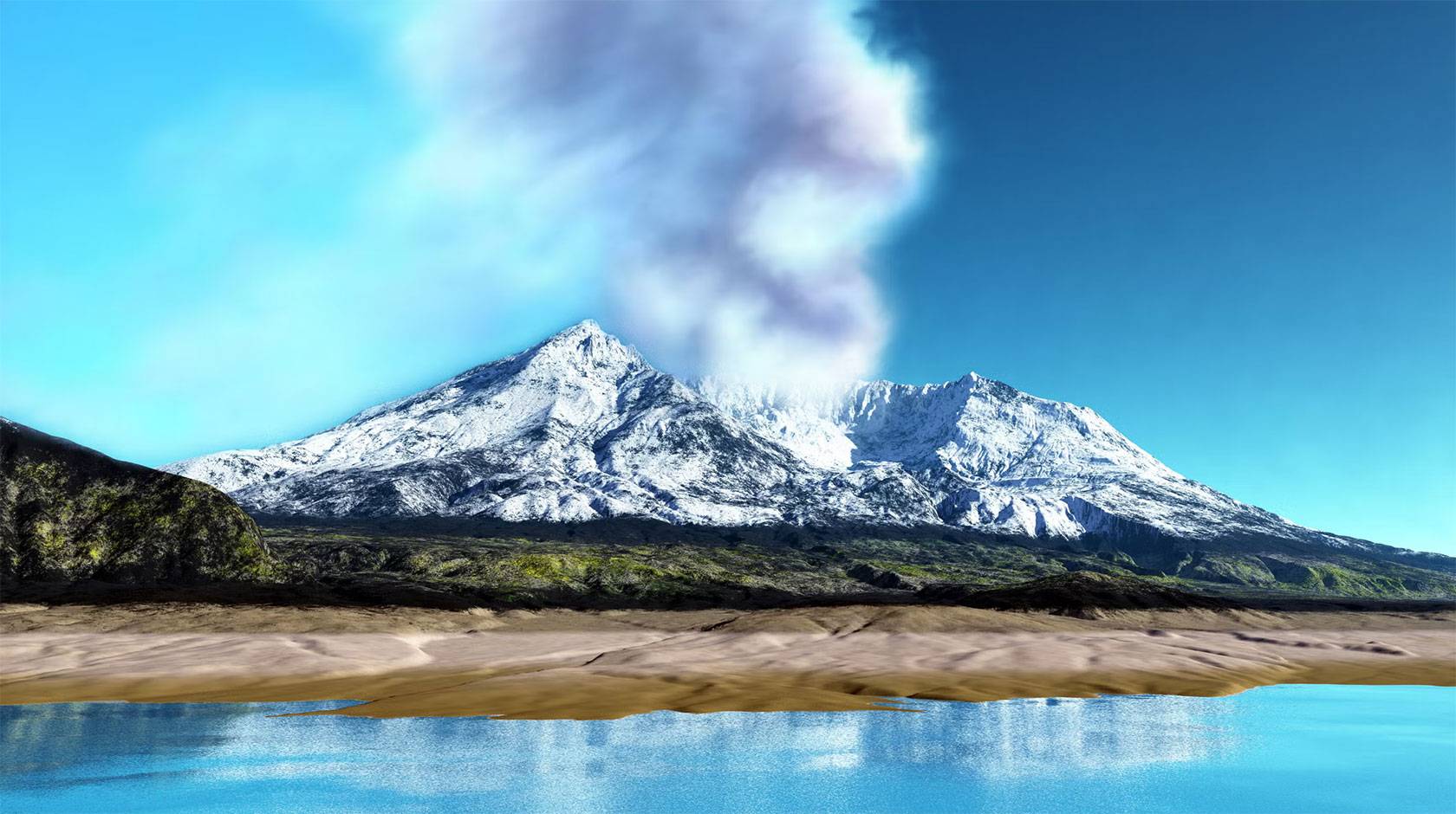 Volcanic smoke spills from the summit of a snow-covered Mt. St. Helens, seen from the far short of a lake on which the mountain is reflected