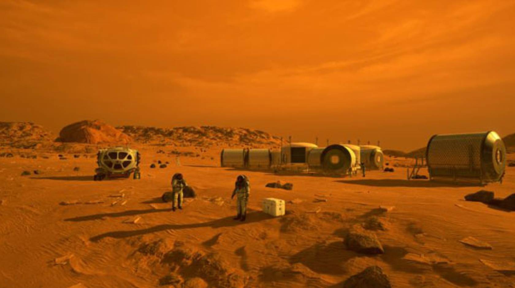 Astronauts and a facility on Mars illustration