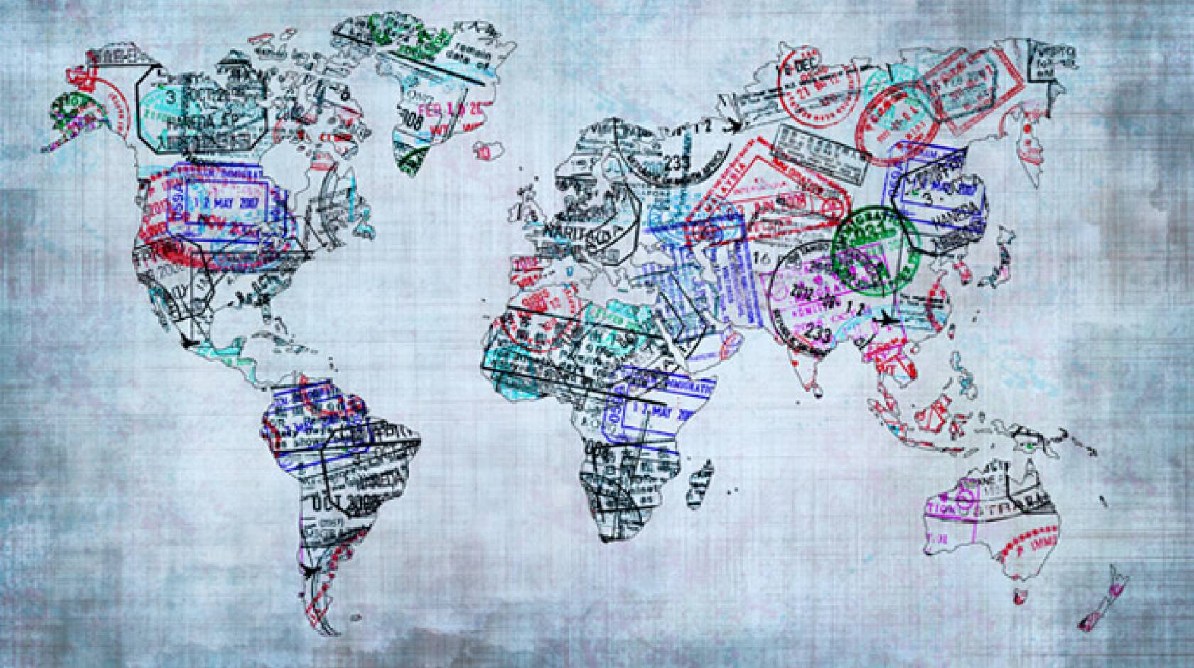 Map made of passport stamps