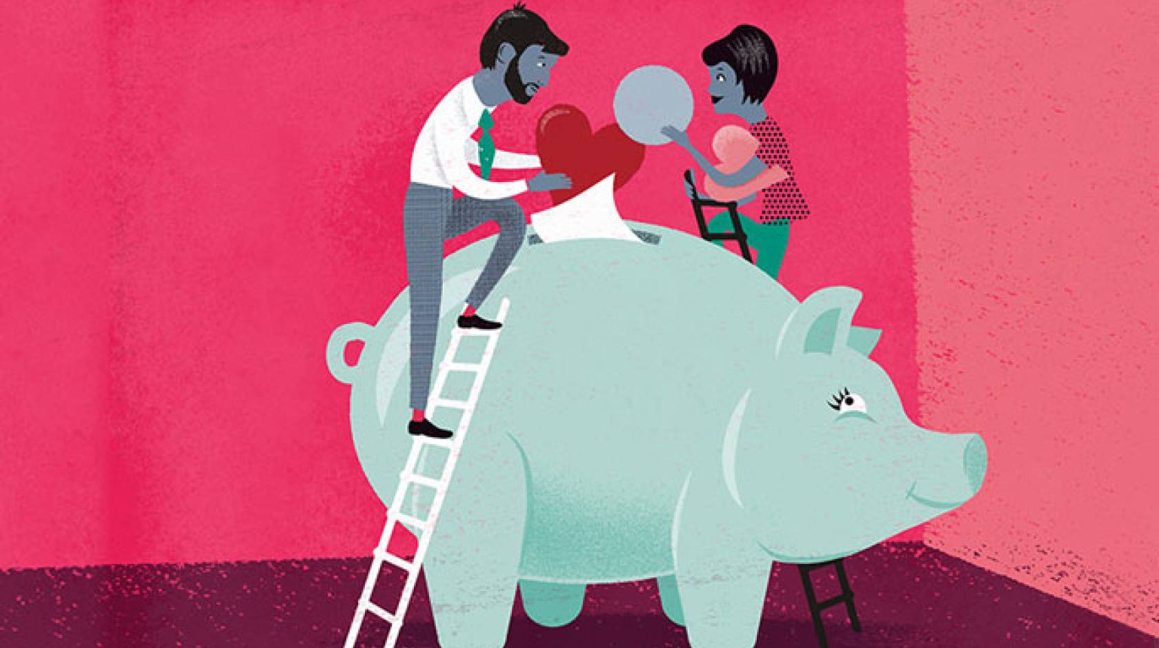 Two people sharing a piggy bank illustration