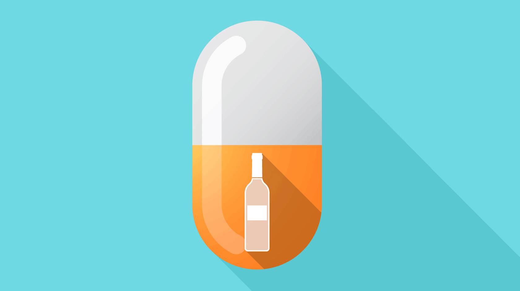 An illustration of an orange and white pill, with a bottle of alcohol inside, on a light teal background