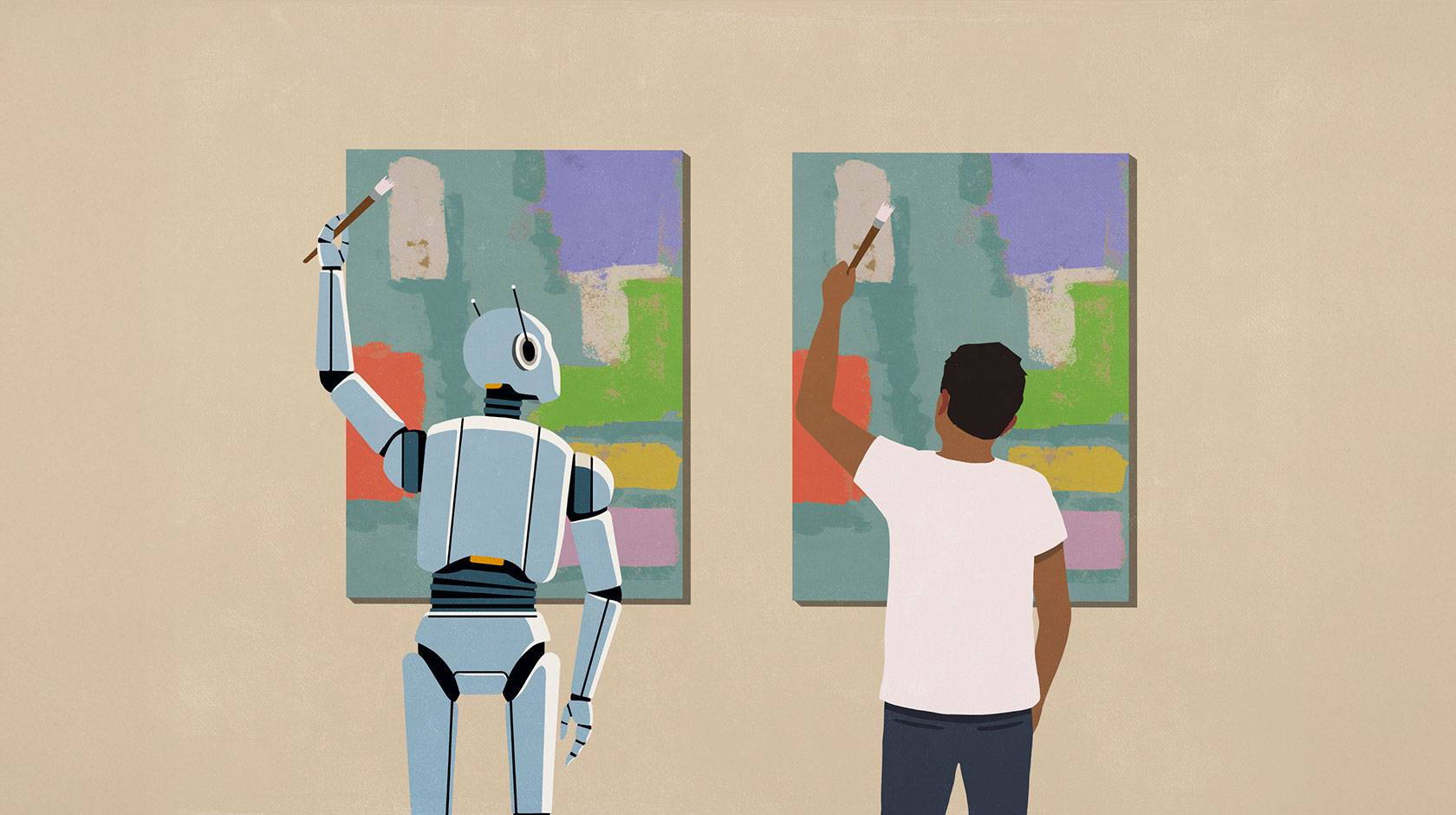 An illustration of a humanoid robot and a person, each painting an identical canvas on a wall. The robot is looking over at the human's work, seeming to copy it.