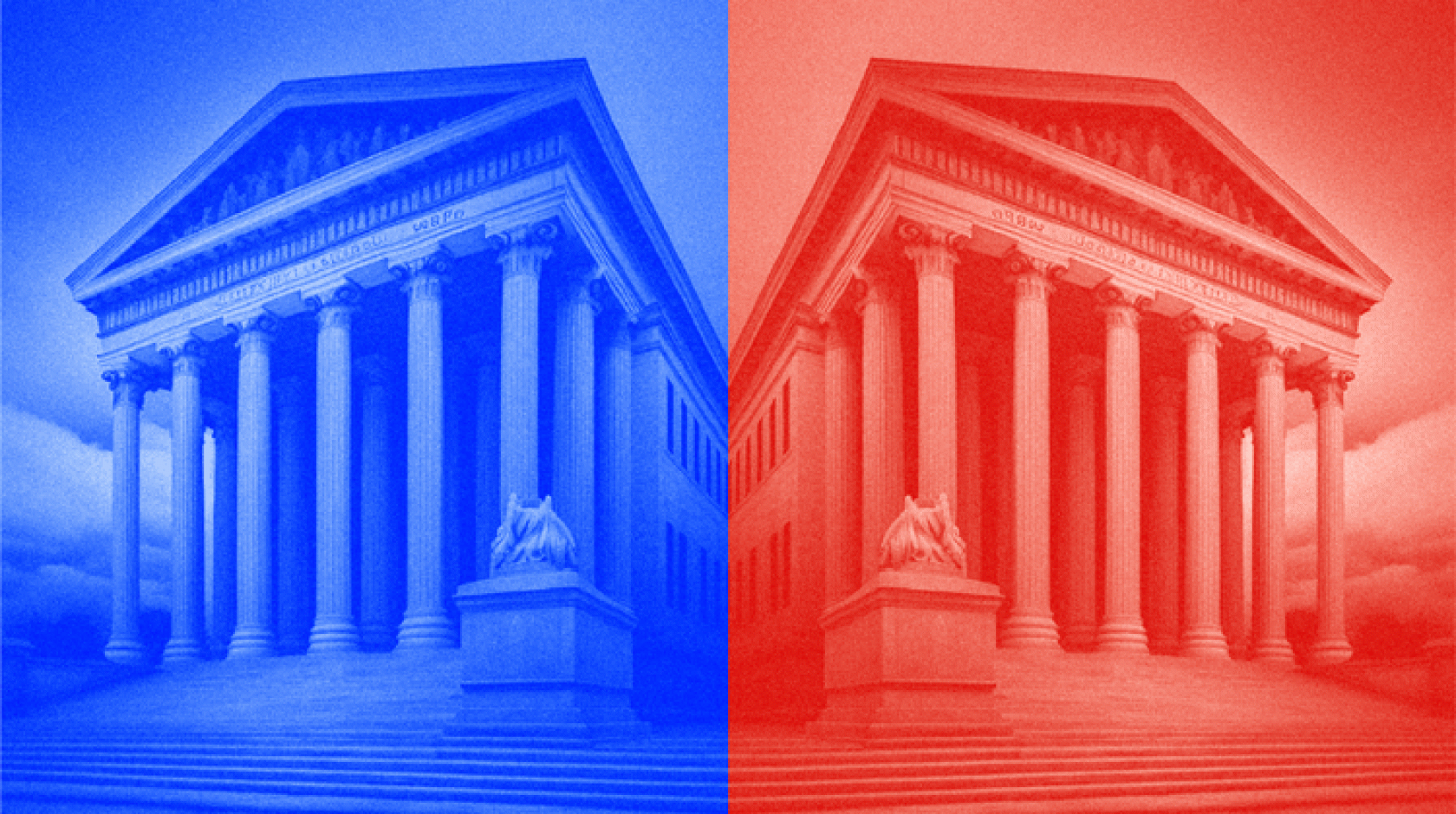 Image of the Supreme Court building, the left side with a blue overlay, the right side with a red overlay