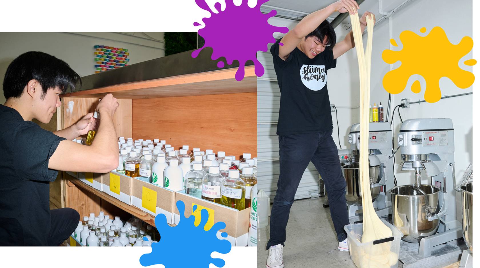 On the right, a young man of Asian descent, Mark Lin, looks at small bottles; on the left, Mark Lin pulls the goopy substance he has created all the way up to his height in a garage; cute splatters are designed on top of the photo