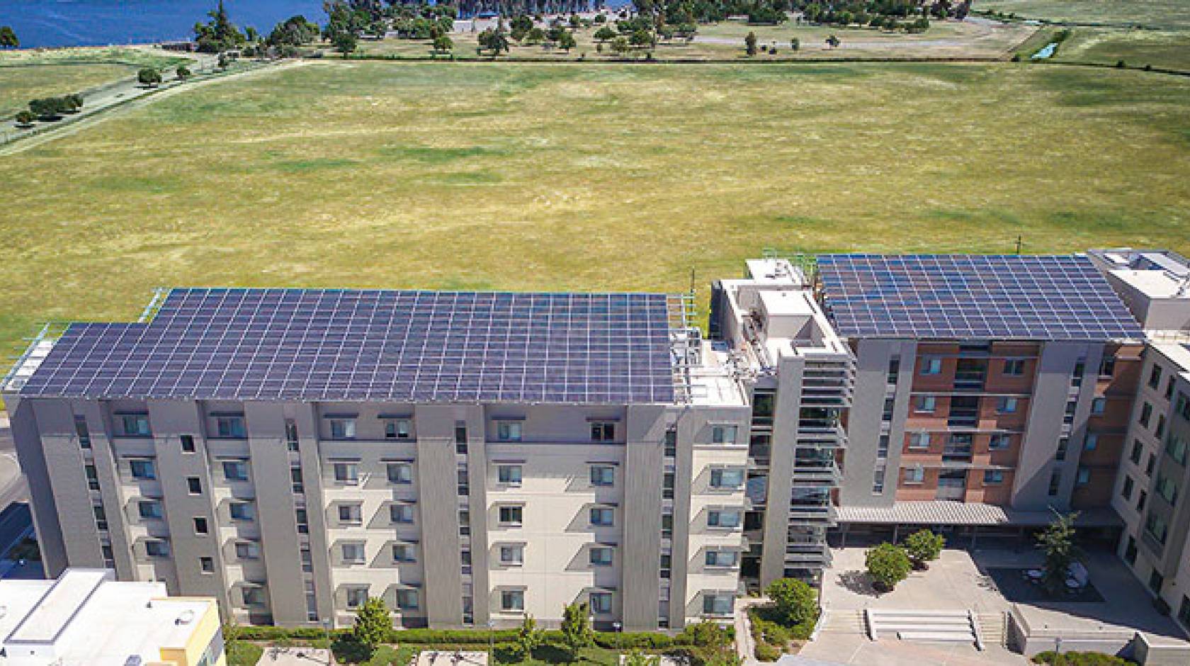 Solar panels on top of UC Merced campus buildings