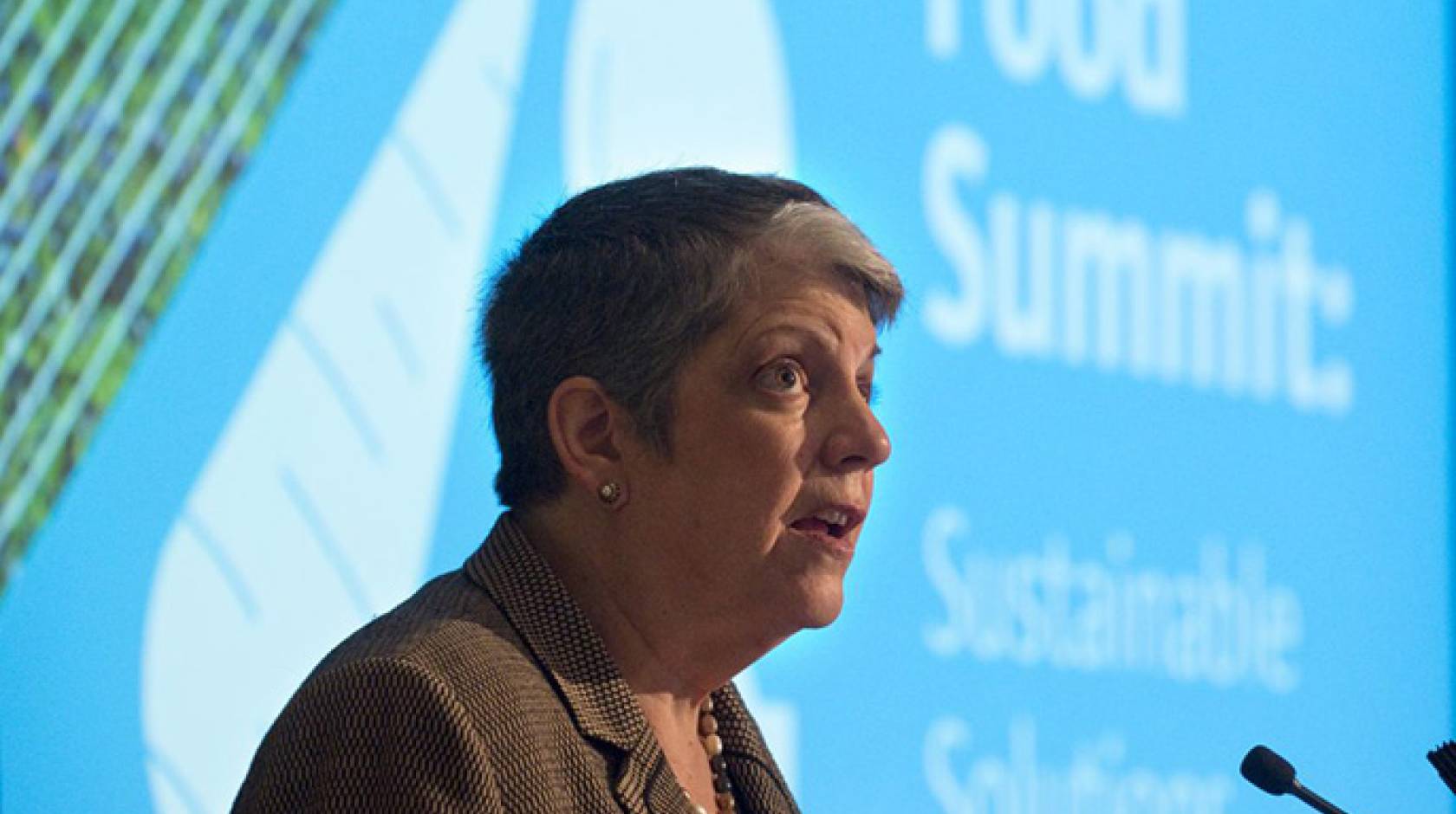 UC President Janet Napolitano delivers the Global Food Summit's keynote address at the UC Irvine Beckman Center.