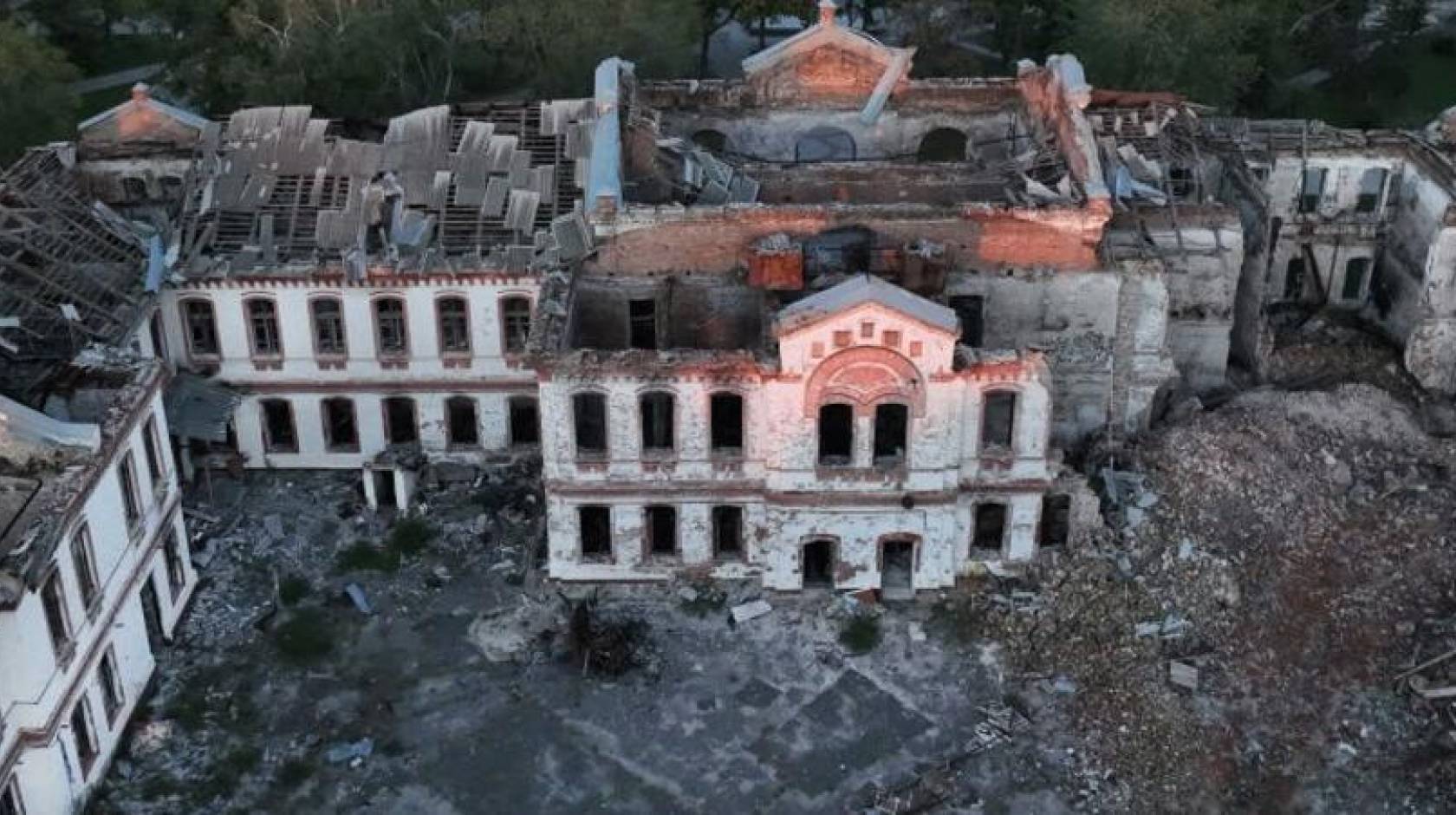 Bombed old building in Ukraine from above