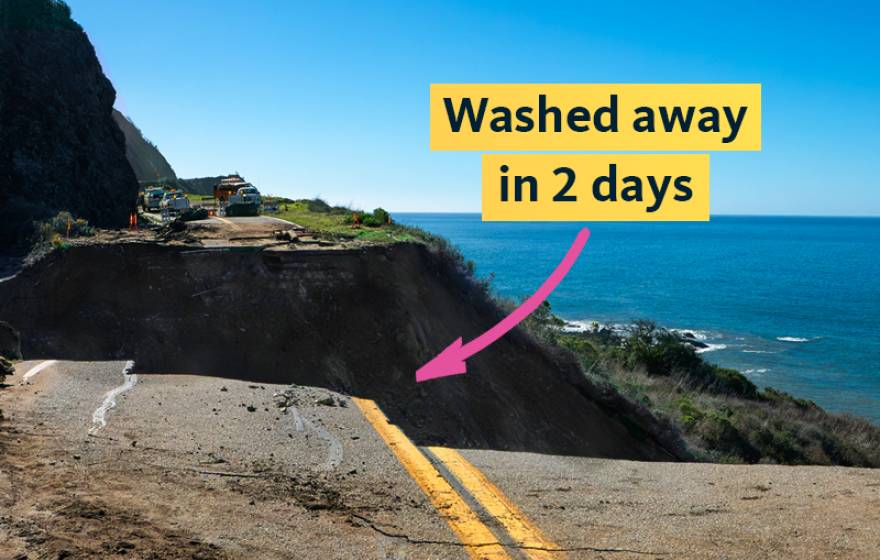 A highway along a cliff with a big section washed out. The washout is labeled "Washed away in 2 days"