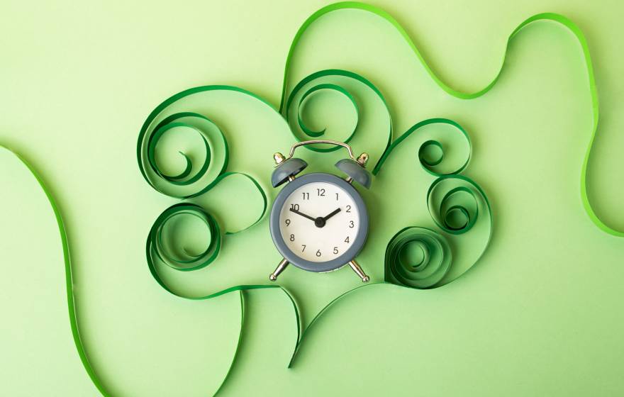 An old-fashioned alarm clock on a green background surrounded by green paper curlicues resembling a plant