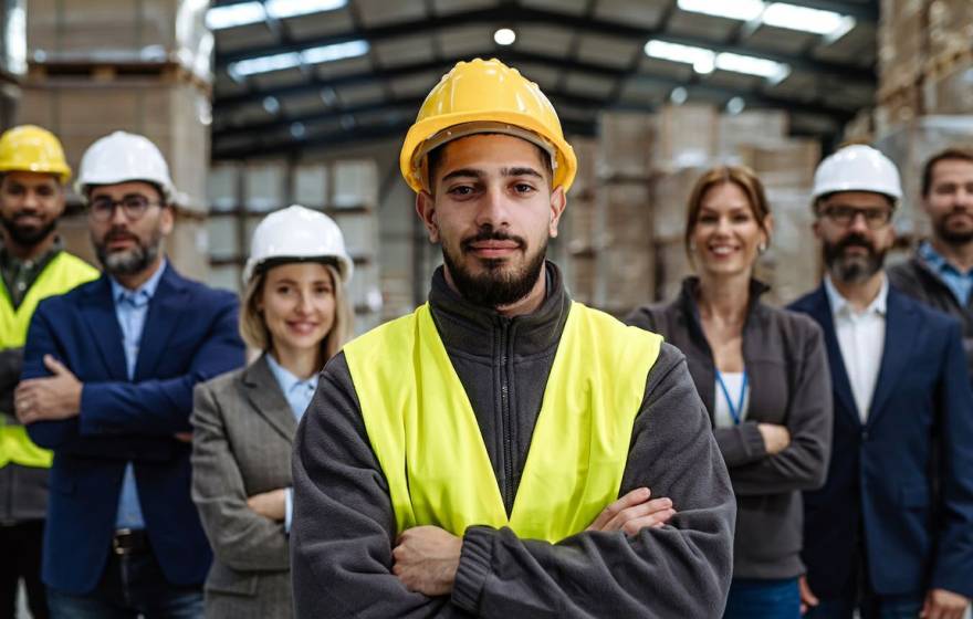 A young man with a goatee and a hard hat and yellow vest looks confidently at the camera in front of a few other people, some in suits, some in work clothes, some in hard hats