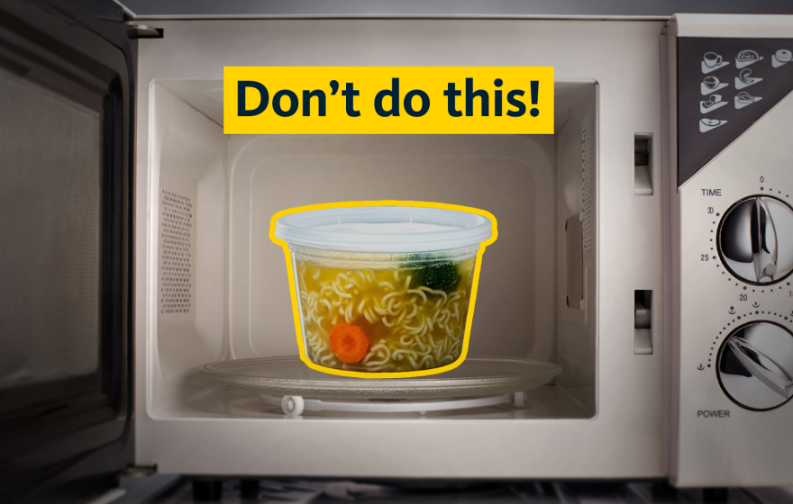 A photo collage showing the inside of a microwave with a plastic takeout container outlined in yellow with label reading "Don't do this!"