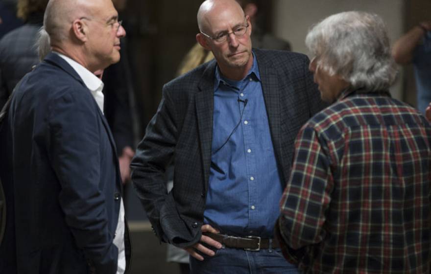 (From left) Mark Bittman, Michael Pollan and Garrison Sposito talk at the kickoff of the Edible Education course at UC Berkeley.