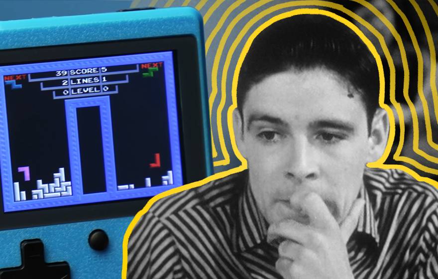 An illustration of a young man looking worried, with stress lines radiating from him next to a Gameboy with the game Tetris