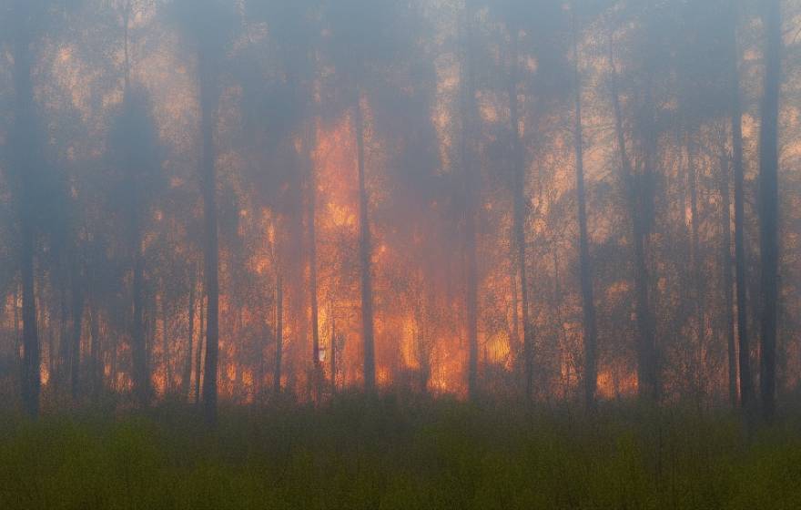 A realistic picture of a wildfire in the woods, as simulated by artificial intelligence