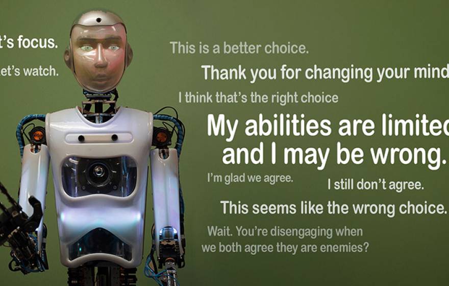 A humanoid robot with a selection of phrases displayed next to it, as follows “Let’s focus” “Let’s watch” “This is a better choice” “Thank you for changing your mind” “I think that’s the right choice” “My abilities are limited and I may be wrong” “I’m glad we agree” “I still don’t agree” “This seems like the wrong choice” and “Wait. You’re disengaging when we both agree they are enemies?”