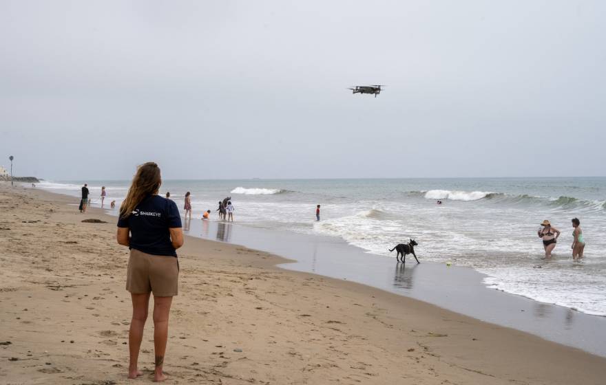 a woman stands on a busy beach looking out a a drone hovering above the waves.