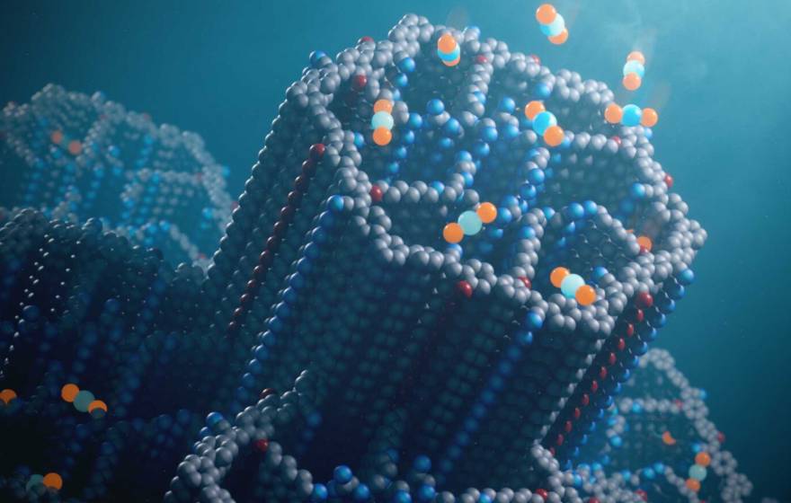 Artist rendering of a microscopic view of molecules aligned into a hexagonal prism shape