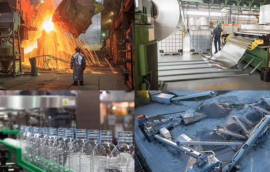 A grid of four photos showing scenes from different manufacturing processes