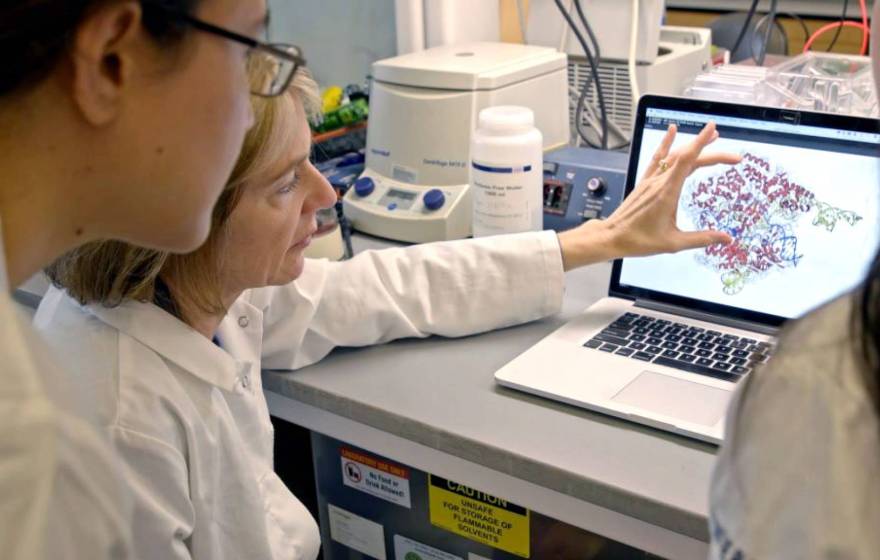 CRISPR research A woman doctor in a lab coat shows a male student a molecule on a computer