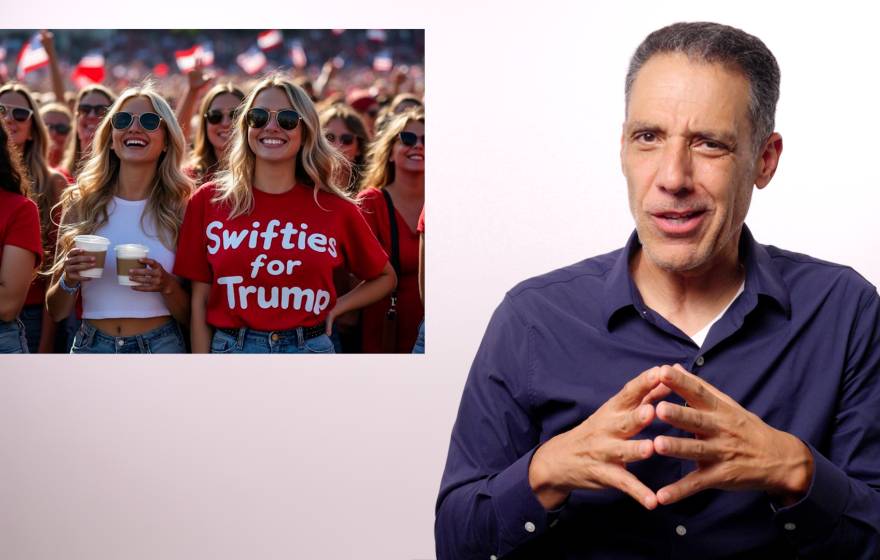 On the right, a man with short gray hair holds his hands together with a wry look as he explains something; on the left, inset, is a smaller image of young women one of whom is wearing a 'Swifties for Trump' red T-shirt