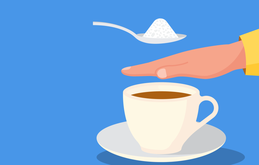 Graphic illustration of a hand blocking a spoonful of sugar from a cup of coffee.